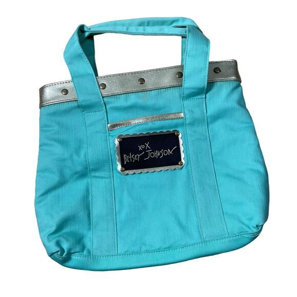 Betsey Johnson Teal Small Tote Bag - Gold Studded Trim - Leopard Print Interior - Picture 1 of 6